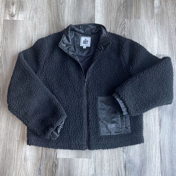 Juicy Couture Jacket Women's Medium Sherpa Full Zip Snakeskin‎ Trim Bomber Biker - Picture 1 of 6